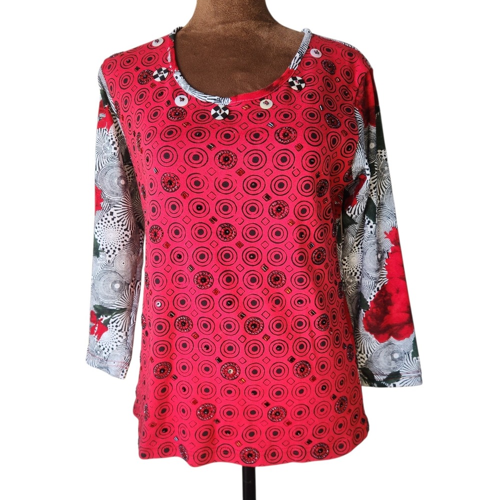 Vintage Surya Top Size S Beaded‎ Buttons Mixed Print Red Geometric Floral